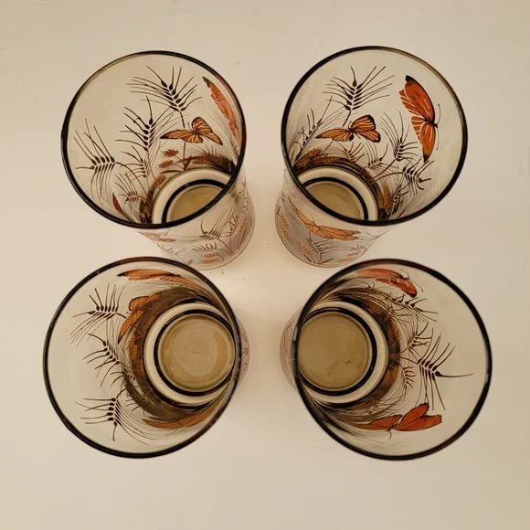 4 Vintage Retro Butterfly Wheat Design Smoked Tall Tumblers Drinking Glasses - Picture 5 of 8